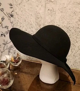 Black Style 100% Wool Felt Wide Brimmed Bowler Hat 15.5" Brim 4.25" Medium NWOT - Picture 1 of 6
