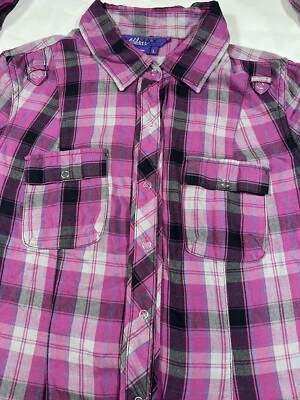 Camisa a Cuadros Miley Cyrus Max Grande Manga Larga Púrpura Negra Frente a Presión Foto 1 de 4