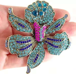 Hübsch! 3" NEU OHNE ETIKETT DESIGNER STIL KRISTALL STRASS ORCHIDEE/IRIS BLUME BROSCHE ANSTECKNADEL - Bild 1 von 14