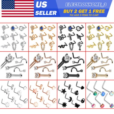 4-9Pcs Nose Studs L Bend Rings Surgical Steel Opal Ear Lip Septum Ring 14G/20G - Image 1 of 4