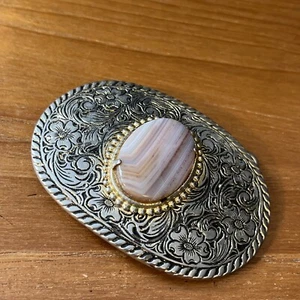 Hebilla de cinturón de colección piedra ágata rosa grabada ovalada plata y metal en tono dorado - Imagen 1 de 7