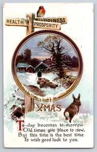 Christmas Antique Postcard Xmas Embossed London NY series 1910 sheep bunny bird - Picture 1 of 2
