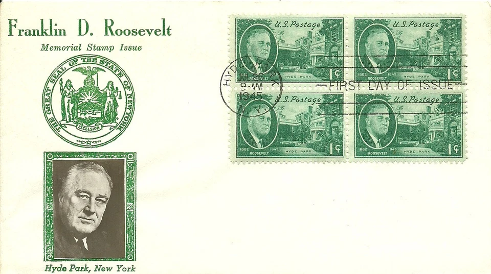 FDC 930 - 1¢ Roosevelt and Hyde Park - 7/26/1945 - Hyde Park, NY - Crosby - Image 1 of 1