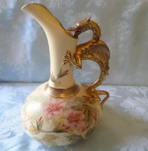 Vintage Austrian Porcelain Pitcher Ewer with Gold Tone Dragon Handle Marked - Picture 1 of 10