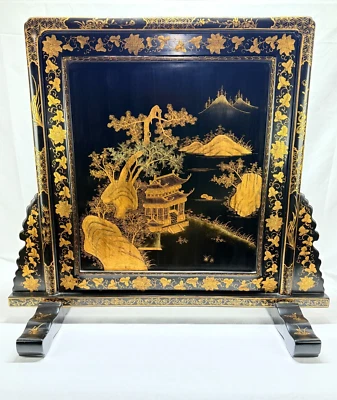 Mesa o pantalla de fuego decorada de laca dorada y negra estilo exportación chino Foto 1 de 4