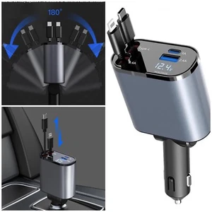 4 in 1 Retractable Car Charger Cable Dual Port USB-C PD Fast Charging , Adapter - Picture 1 of 5