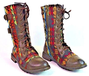 Botas para mujer marrones de cuero sintético/parte superior textil multicolor - con cordones y cremallera - Imagen 1 de 9
