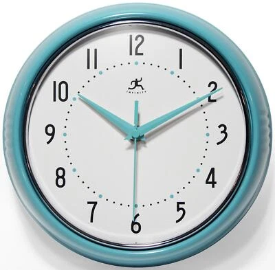 Retro Kitchen Wall Clock Metal 9.5" Round Vintage Turquoise Quiet Quartz Indoor - Image 1 of 4