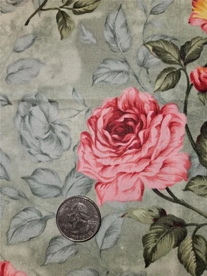 Tecido de colcha de algodão 1 jarda década de 1990 NORTHCOTT rosa jardim chá verde rosa floral - Imagem 1 de 2