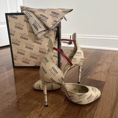 Gucci Apollo Gucci Stamp Print Beige Leather Logo Ankle Strap Pumps EU37.5 US7.5 - Image 1 of 4