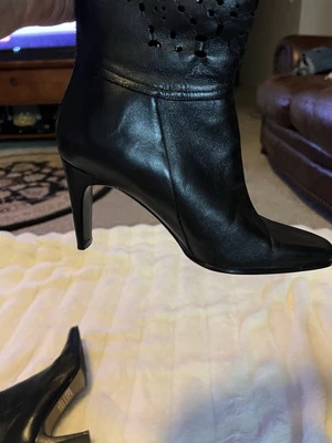 Sexy Bellini Leather 3 1/2 “ Black Laser Cut knee High Boots - Image 1 of 4