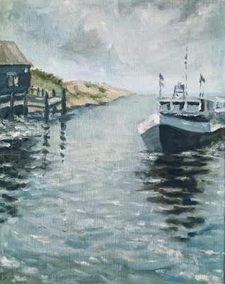 原版油画印象派船安静的海港湖夏季钓鱼 8 x 10 — 第 1/4 张图片