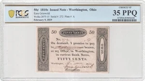 1819 OHIO Worthington 50c Obsolete Currency, 1810s Ezra Griswold Banknote, PCGS - Picture 1 of 4