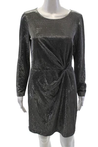 BB Dakota Womens Back Zip Long Sleeve Metallic Knit Dress Silver Tone Medium - Picture 1 of 7