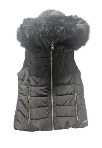Calvin Klein Mujer Talla Med Performance Puffer Chaleco Negro Extraíble Piel Borde Capucha - Imagen 1 de 8