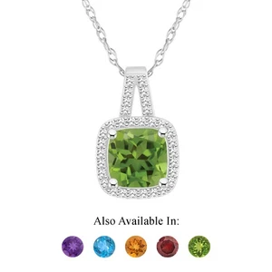 Sterling Silver 7mm Cushion Natural Peridot 1/6 CTW Diamond Pendant Necklace - Picture 1 of 4