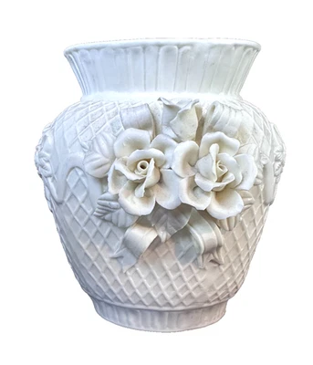 Jarrón de cerámica marfil estampado floral rosa tejido de canasta decoración del hogar vintage Foto 1 de 2