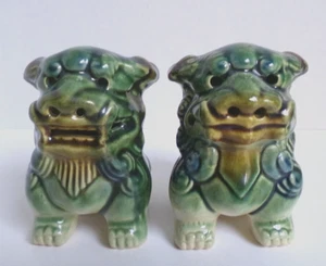 Vintage Pair Majolica Matching Blue and Green Small Foo Dogs Figurines 3.5" Tall - Picture 1 of 20