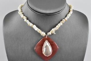 Fancy and Fabulous Mother of Pearl and Strawberry Quartz Necklace Sterling Clasp