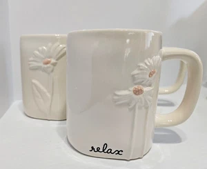 Rae Dunn Daisy Ivory Mug Artisan Collection by Magenta 5" Tall "enjoy" & "relax"
