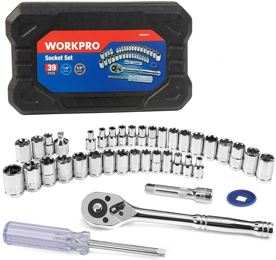 Workpro W003067A 39 Piece Drive Socket Wrench Set 1/4 Inch and 3/8 Inch