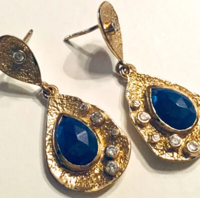MELINDA MARIA LAPIS LAZULI DROP EARRINGS CZs 18kt GOLD PLATED NWOT - Image 1 of 4