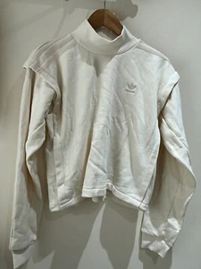 Adidas Jumper Size 10 Cream Striped High Neck Crop Long Sleeve Sweatshirt - Picture 1 of 12