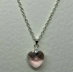 FACETED PINK GLASS CRYSTAL HEART PENDANT SILVER PLATED 18" CHAIN MEDIUM - Imagen 1 de 3