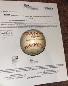 1948 Boston Braves team signed , Spahn, Ryan Voiselle Dark Jsa Ltr Auction Lyons - Picture 1 of 9