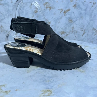 Fly London Wato 37 女式 6.5 码鞋黑色皮革露趾时尚高跟鞋 — 第 1/4 张图片