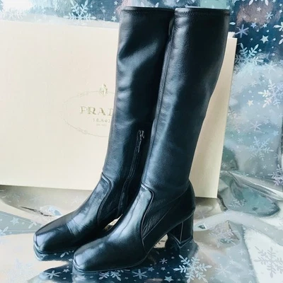 Prada Mujer Tacón Cuero Botas Negras Talla 38.5 Hechas en Italia Nuevas con Caja Foto 1 de 4