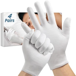 4 Pairs White Cotton Gloves for Dry Hands Sleeping, Washable Lotion Eczema Mo... - Picture 1 of 7