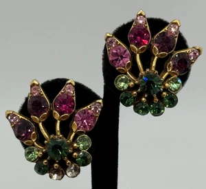 Vintage Florenza Signed Gold Tone Clip On Earrings Missing Rhinestones - Picture 1 of 21