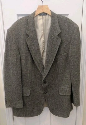 Винтажный земли конец шерсти Tweed Sport пальто Blazer 50R черный елочка - Изображение 1 из 4