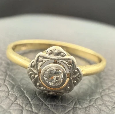 Anel vintage de ouro amarelo 14K com moldura art déco diamante - Imagem 1 de 4