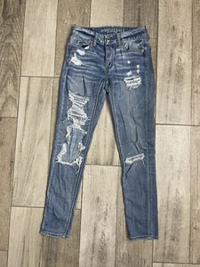 Jeans donna American Eagle Tomgirl con bottoni a mosca taglia 00 blu invecchiato 26X28 - Foto 1 di 12