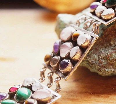 3 cm Breit Silber Armband 17 cm 19 21 cm Handarbeit Multistone Malachit Armkette - Bild 1 von 4