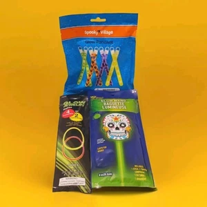 Halloween Safety Glow Pendants Bracelets Necklaces & Sugar Skull Glow Wand Lot - Picture 1 of 2