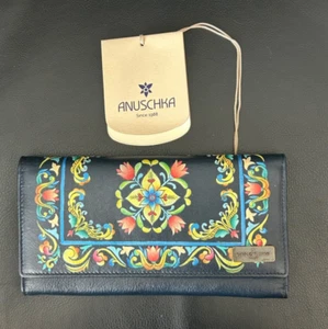 Anuschka RFID Tri-fold Handpainted Leather Wallet Navy Pink Tulip Floral NWT - Picture 1 of 9