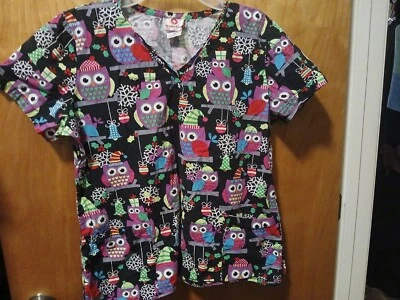 WOMAN'S SCRUB TOP SHIRT SIZE MEDIUM BY WHITE CROSS OWLS CHRISTMAS - Image 1 of 2