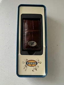 Fossil | Wisconsin Badgers | Brown Croc Leather Money Clip - Picture 1 of 7