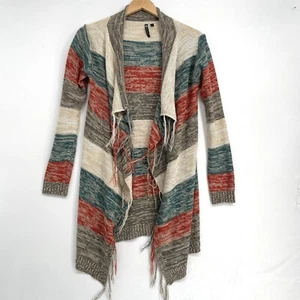 Poof Fringed Open Cardigan Sweater Women's Size Small Long Multicolor Stripes - Picture 1 of 7