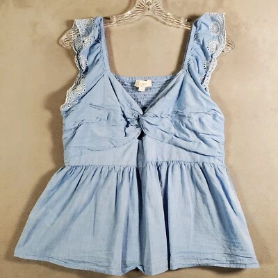 Loft Babydoll Top Womens M Blue Chambray Smocked Embroidered Sleeveless Y2K Boho - Image 1 of 4