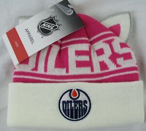 Chapeau d'hiver rose oreille de chat Oilers NHL pour tout-petits