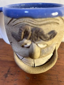 Vintage Studio Art Pottery Blue Glaze  Trim Ugly Face Coffee Mug Cup Signed - Picture 1 of 21