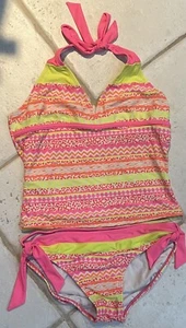 JUSTICE TANKINI SZ 18 PINK/ORANGE/YELLOW ZIG ZAG CHEETAH HALTER TOP SUPER CUTE!! - Picture 1 of 3
