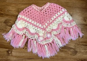 Vintage Handmade Crochet Girls Pink White Fringed Shawl Poncho Pom Pom Tie - Picture 1 of 7