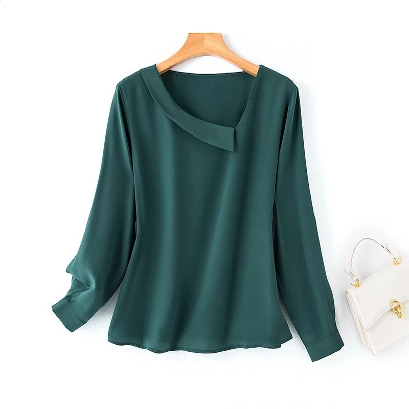 Camisa Top Blusa Pullover 100% Seda Morera Verde Mujer Manga Larga QQ020 Foto 1 de 4