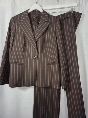 Conjunto de Traje Chaqueta Pantalones Chaqueta de Lana Seda Escada De Colección Marrón Rayas Talla 46 L/XL Foto 1 de 4