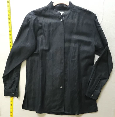 Top clásico Lord & Taylor para mujer 4P lino negro con botones cuello mandarín Foto 1 de 4